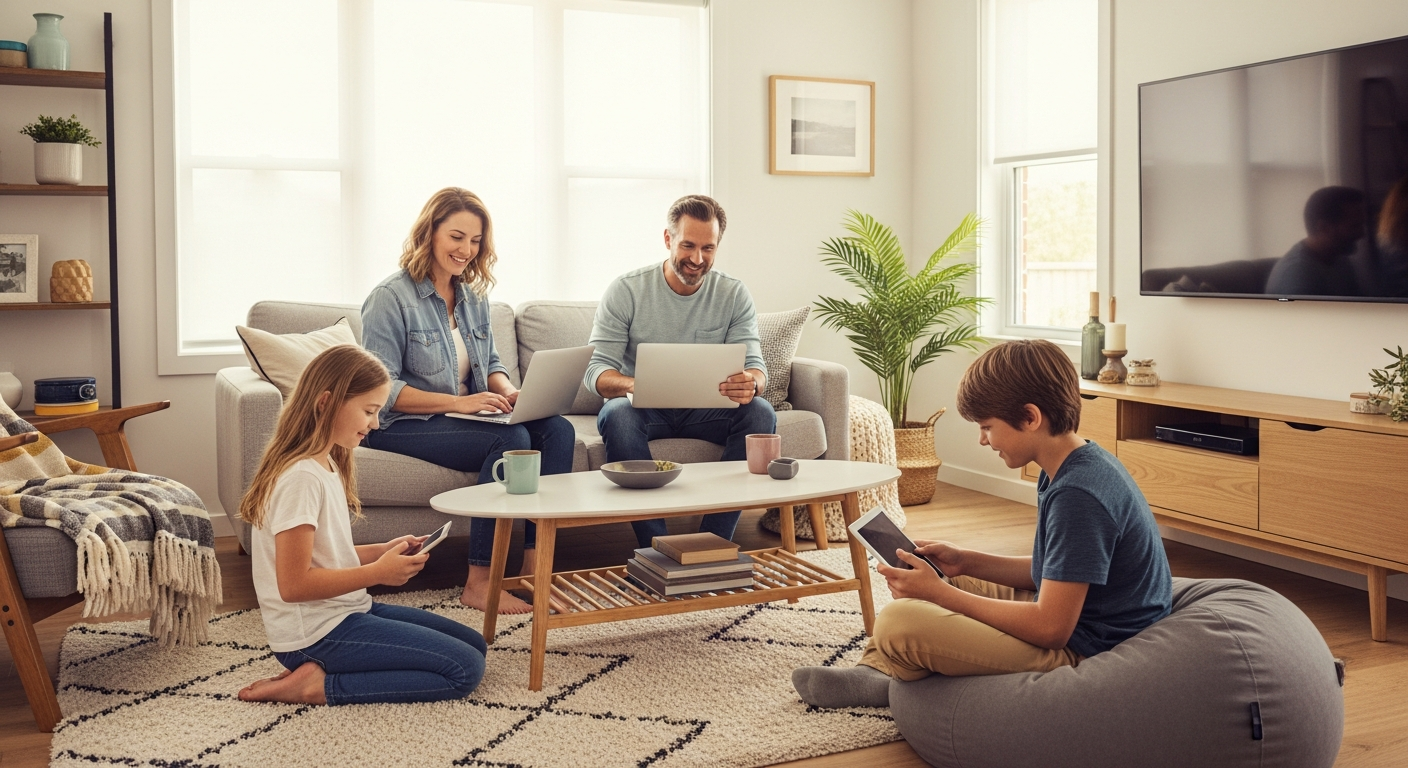 A family using connected devices at home